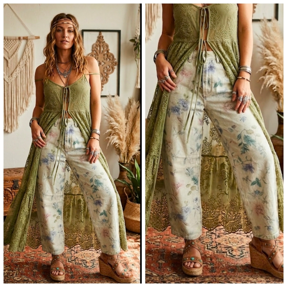 Boho Floral Wide-Leg Pants - Olive Accent